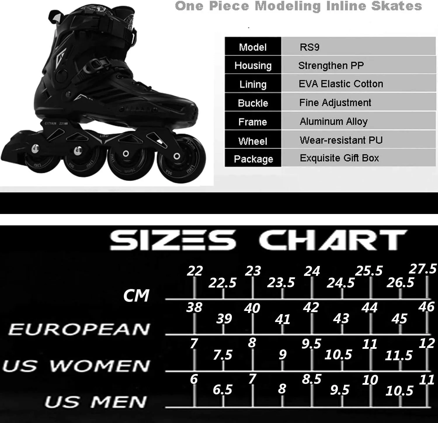 LIKU Black Professional Inline Skates Unisex