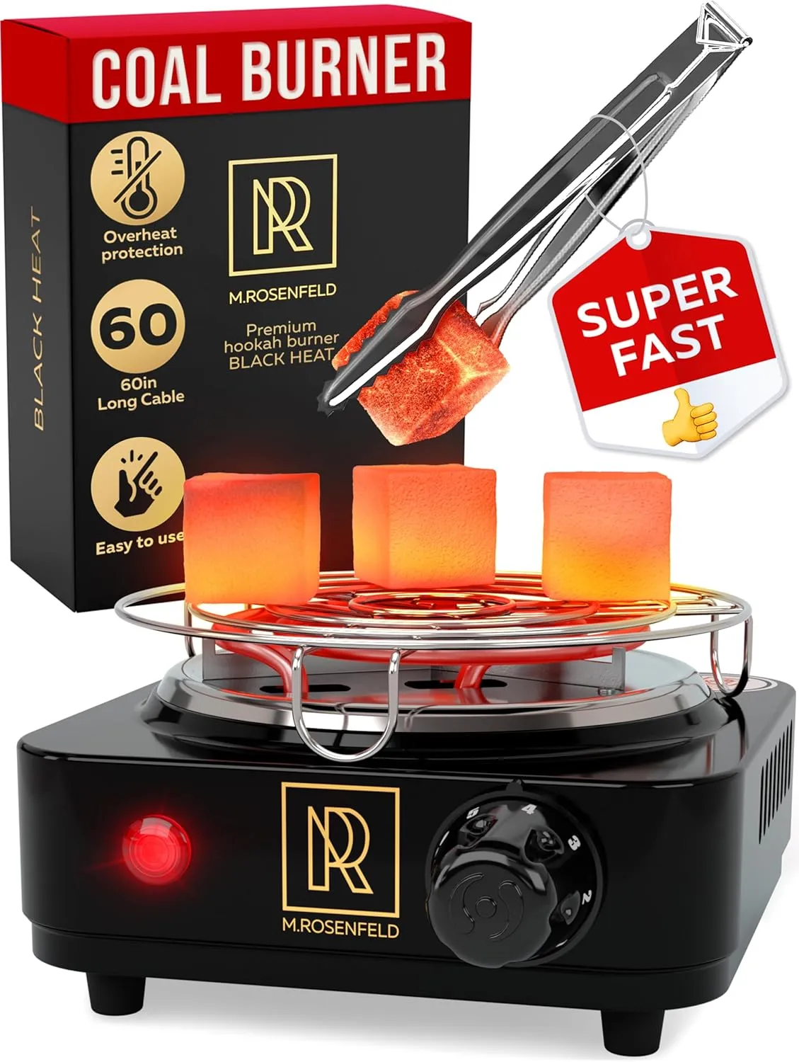 M. ROSENFELD Hookah Coal Burner 500W with grid - Coal Burner for Hooka Cubes BLACK HEAT Hookah Charcoal Burner Electric for Shisha with grill & FREE Hooka Tongs Hooka Stove - 304 Stainless Steel