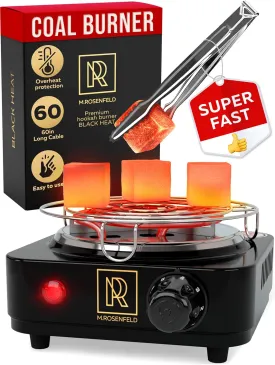 M. ROSENFELD Hookah Coal Burner 500W with grid - Coal Burner for Hooka Cubes BLACK HEAT Hookah Charcoal Burner Electric for Shisha with grill & FREE Hooka Tongs Hooka Stove - 304 Stainless Steel