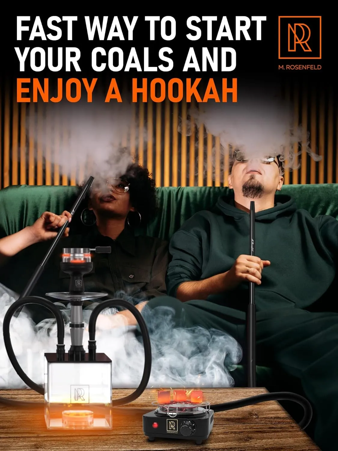 M. ROSENFELD Hookah Coal Burner 500W with grid - Coal Burner for Hooka Cubes BLACK HEAT Hookah Charcoal Burner Electric for Shisha with grill & FREE Hooka Tongs Hooka Stove - 304 Stainless Steel