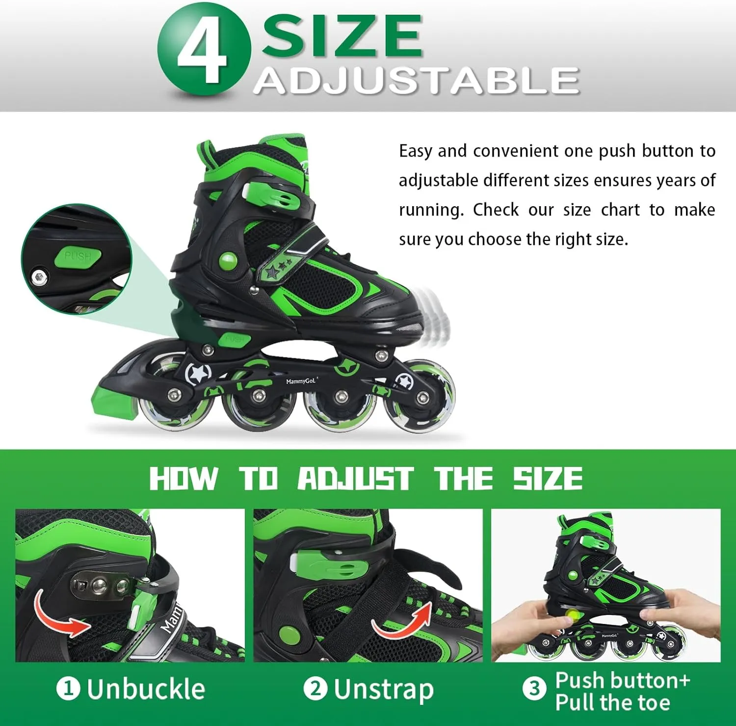 MammyGol Adjustable Inline Skates for Kids Boys Girls Youth with Light up Wheels