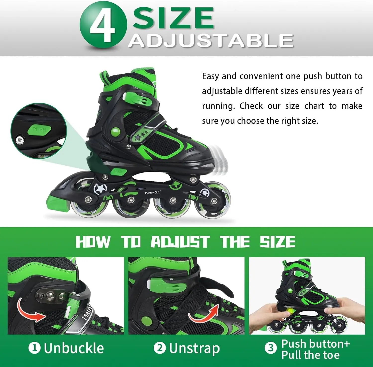 MammyGol Adjustable Inline Skates for Kids Boys Girls Youth with Light up Wheels