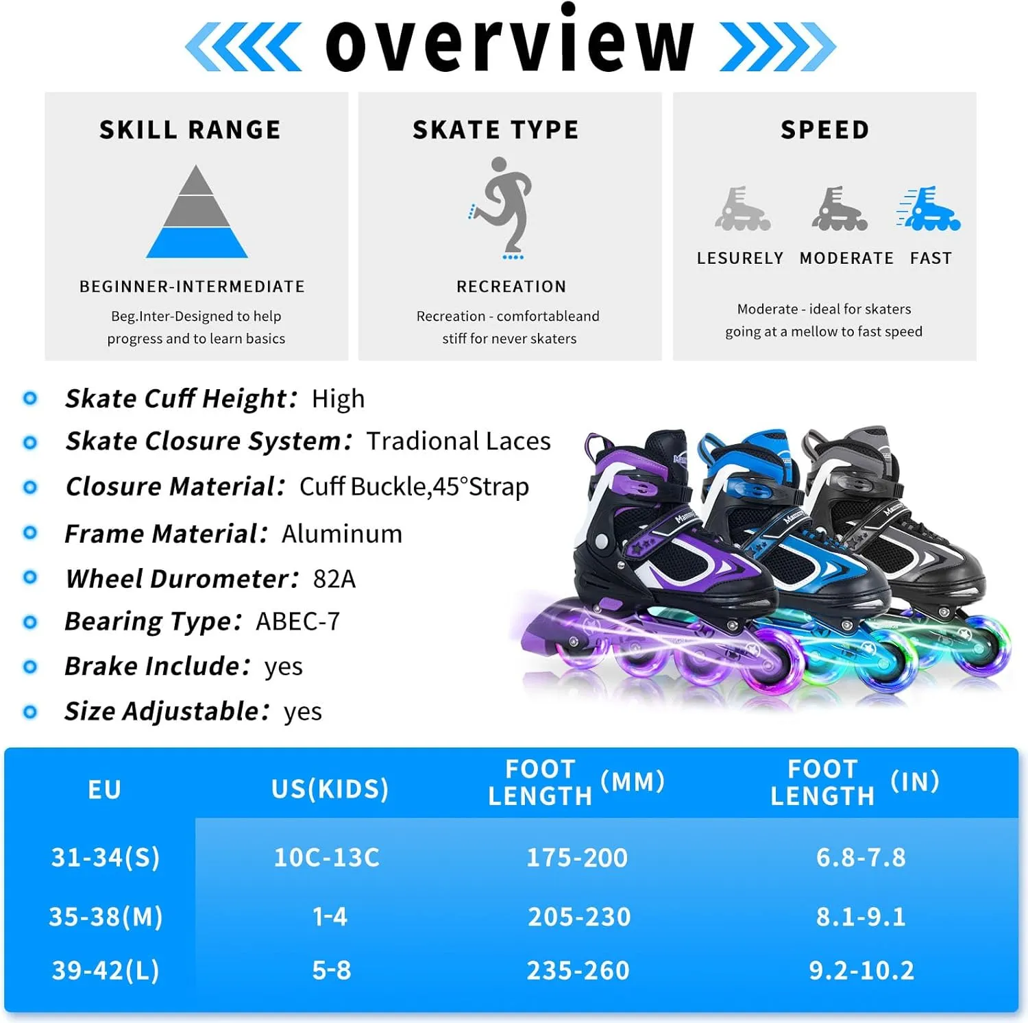 MammyGol Adjustable Inline Skates for Kids Boys Girls Youth with Light up Wheels