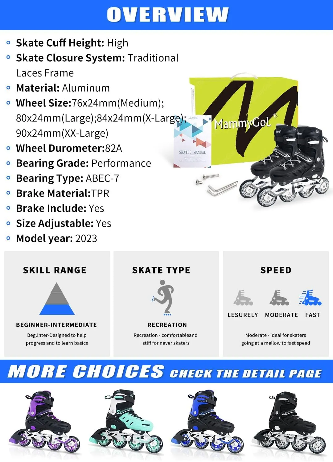 MammyGol Adults Adjustable Inline Skates, Safe and Durable Roller Skates with Giant Wheels, High Performance Professional Skates for Men Women Youth