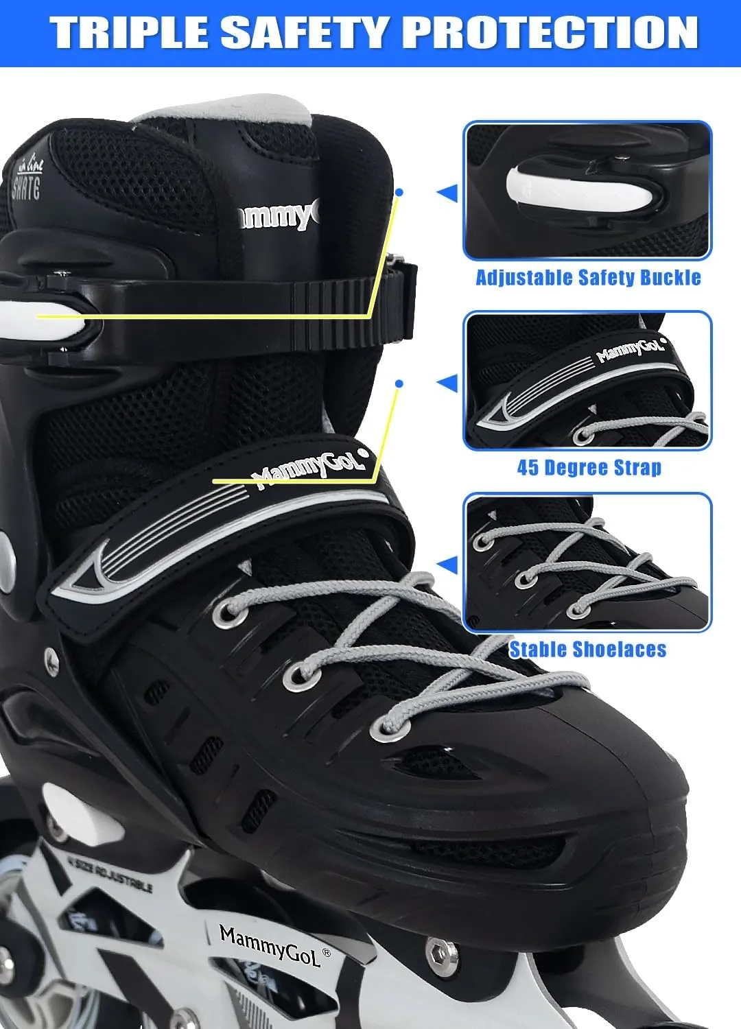 MammyGol Adults Adjustable Inline Skates, Safe and Durable Roller Skates with Giant Wheels, High Performance Professional Skates for Men Women Youth