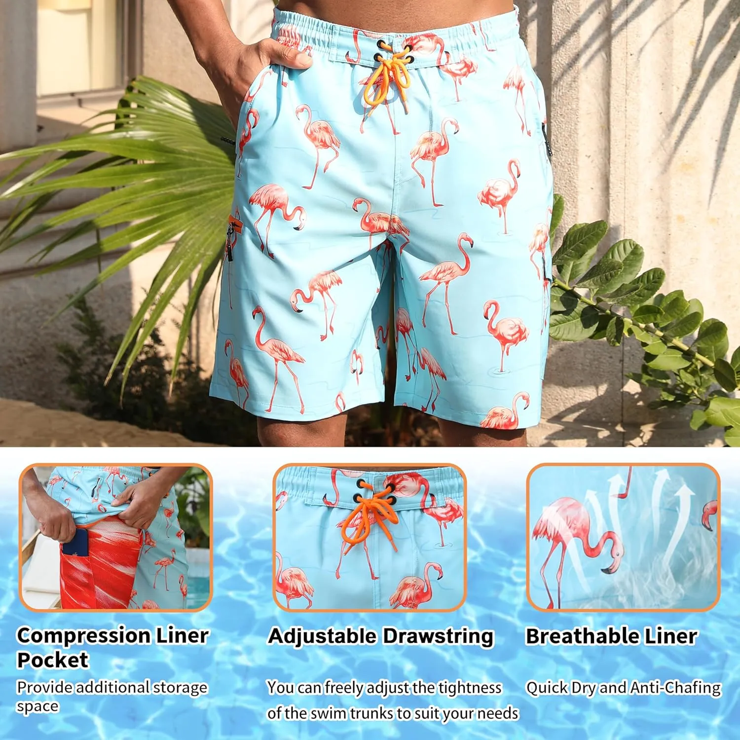 Mens Board Shorts with Compression Liner 9 Inseam Quick Dry Swimwear Bathing Suit Swim Trunks with 4 Pocket