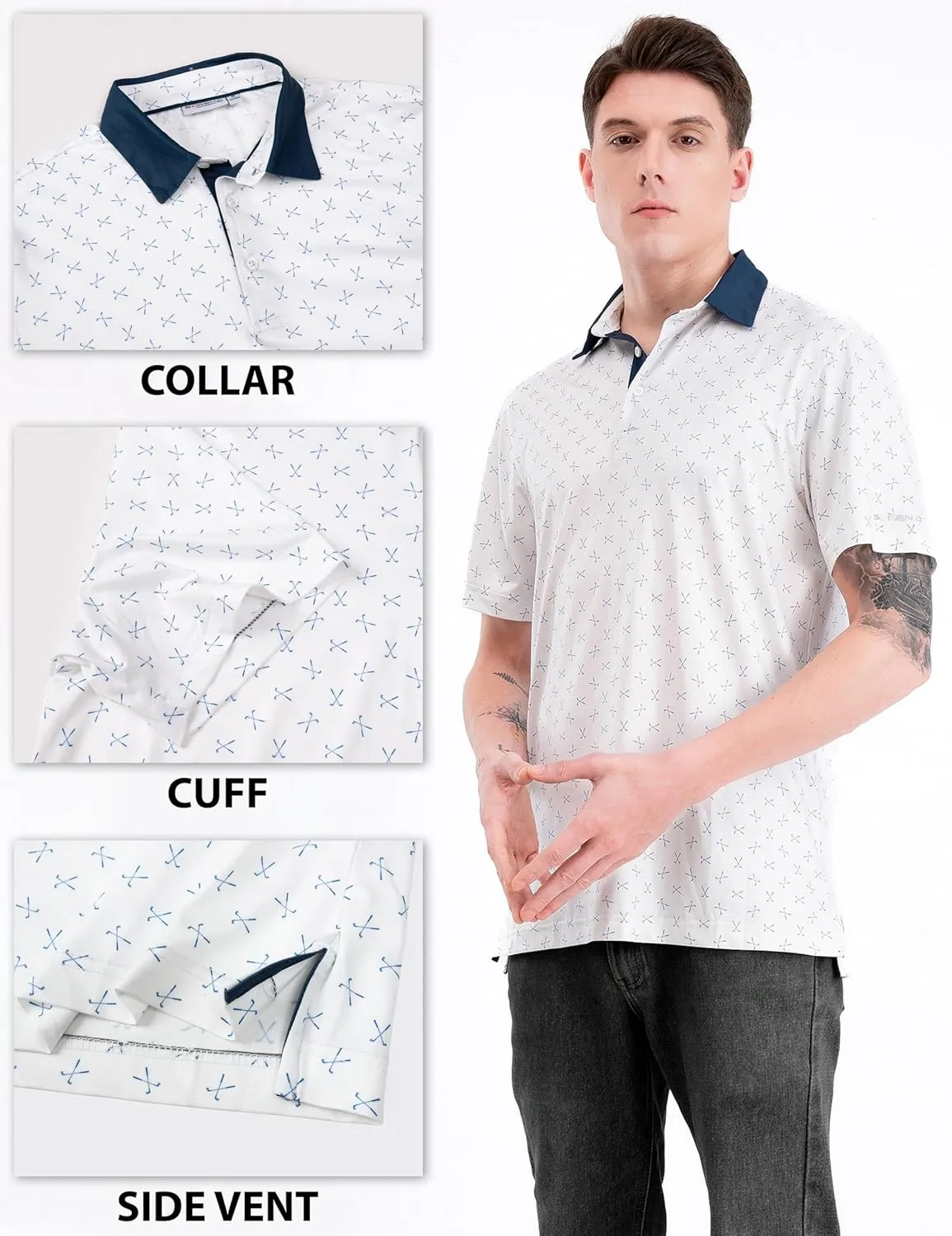 Men's Golf Shirts Short Sleeve Moisture Wicking Print Patterns Collared Performance Polo Golf Shirts for Men Dry Fit