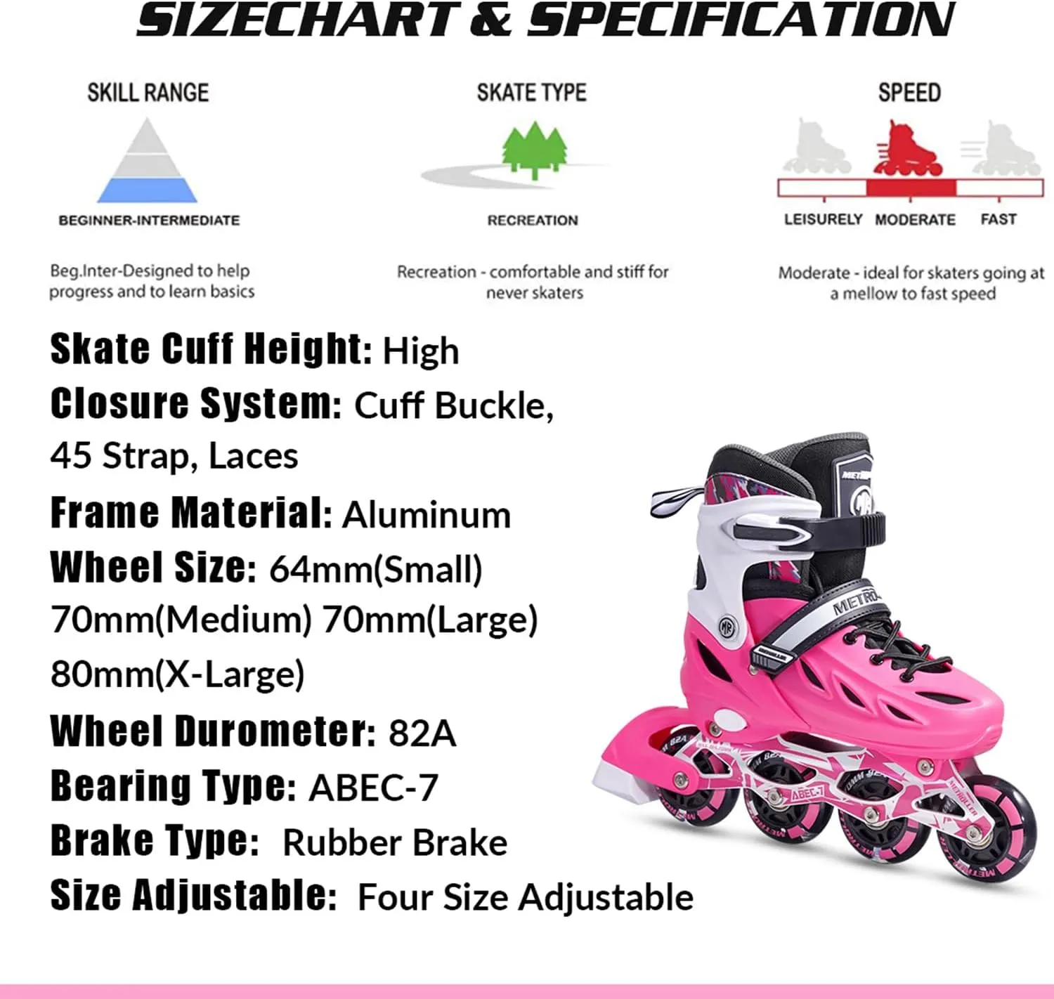 METROLLER Inline Skates for Girls and Boys, Women, Men 4 Sizes Adjustable Inline Skates with Light Up Wheels, Illuminating Beginner Skates for Kids 5-8 8-12 & Adult Youth.