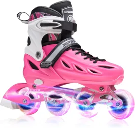 METROLLER Inline Skates for Girls and Boys, Women, Men 4 Sizes Adjustable Inline Skates with Light Up Wheels, Illuminating Beginner Skates for Kids 5-8 8-12 & Adult Youth.