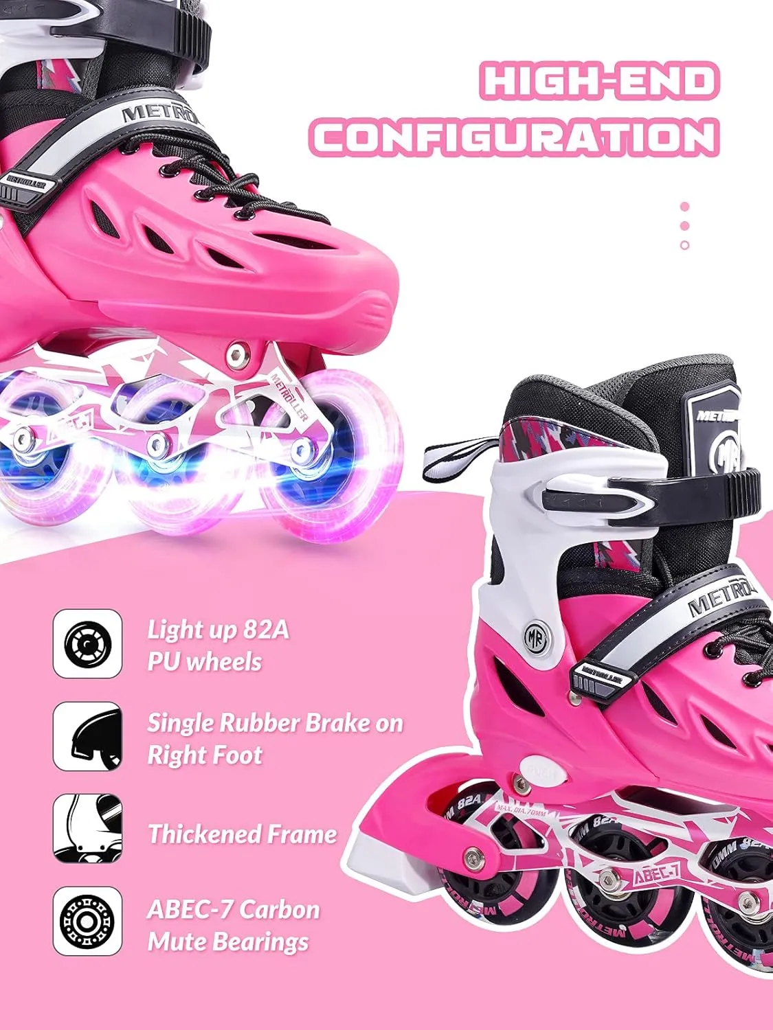 METROLLER Inline Skates for Girls and Boys, Women, Men 4 Sizes Adjustable Inline Skates with Light Up Wheels, Illuminating Beginner Skates for Kids 5-8 8-12 & Adult Youth.