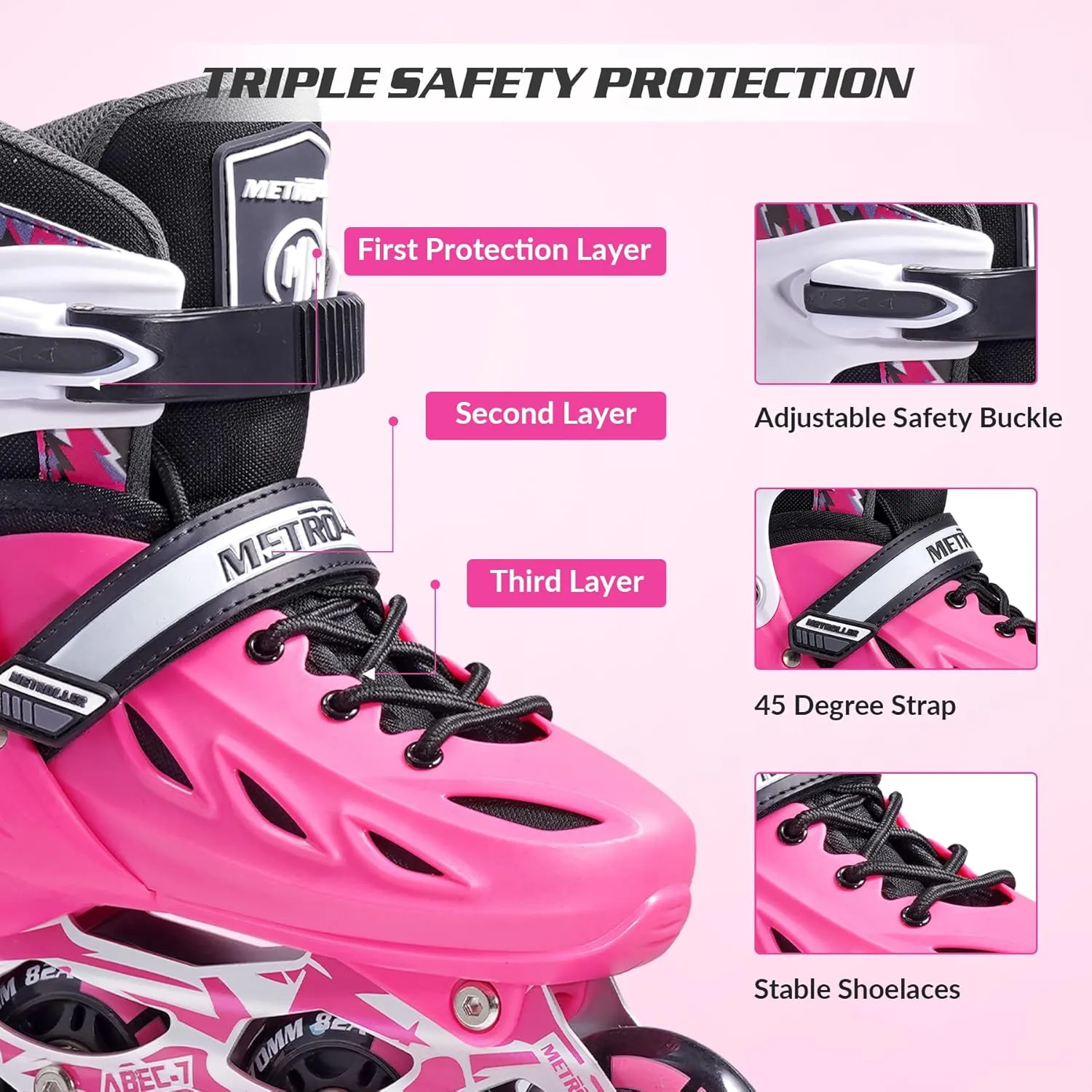 METROLLER Inline Skates for Girls and Boys, Women, Men 4 Sizes Adjustable Inline Skates with Light Up Wheels, Illuminating Beginner Skates for Kids 5-8 8-12 & Adult Youth.
