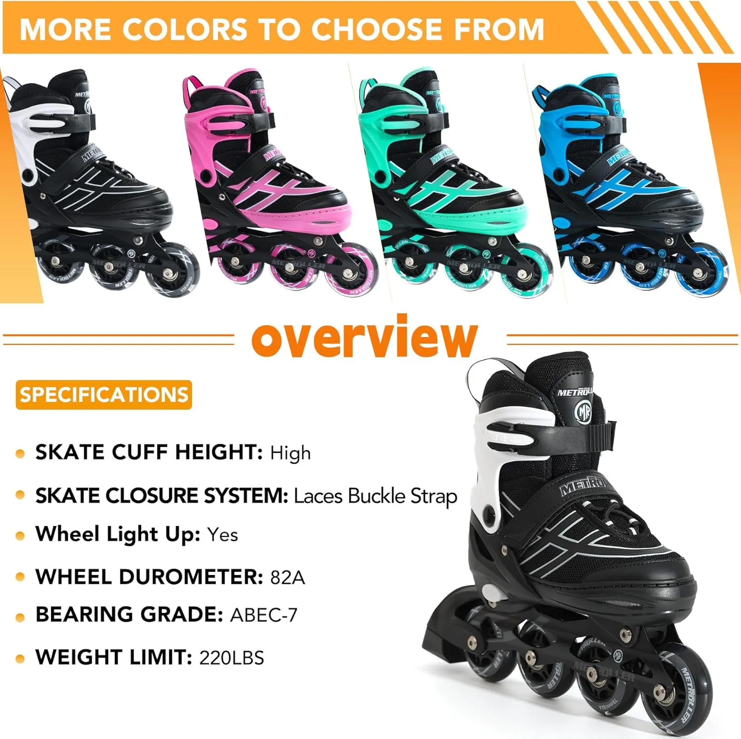 METROLLER Inline Skates for Girls Boys Ages 5-8 8-12 Adjustable Illuminating Wheels Inline Roller Skates for Youth Kids Outdoor Blades