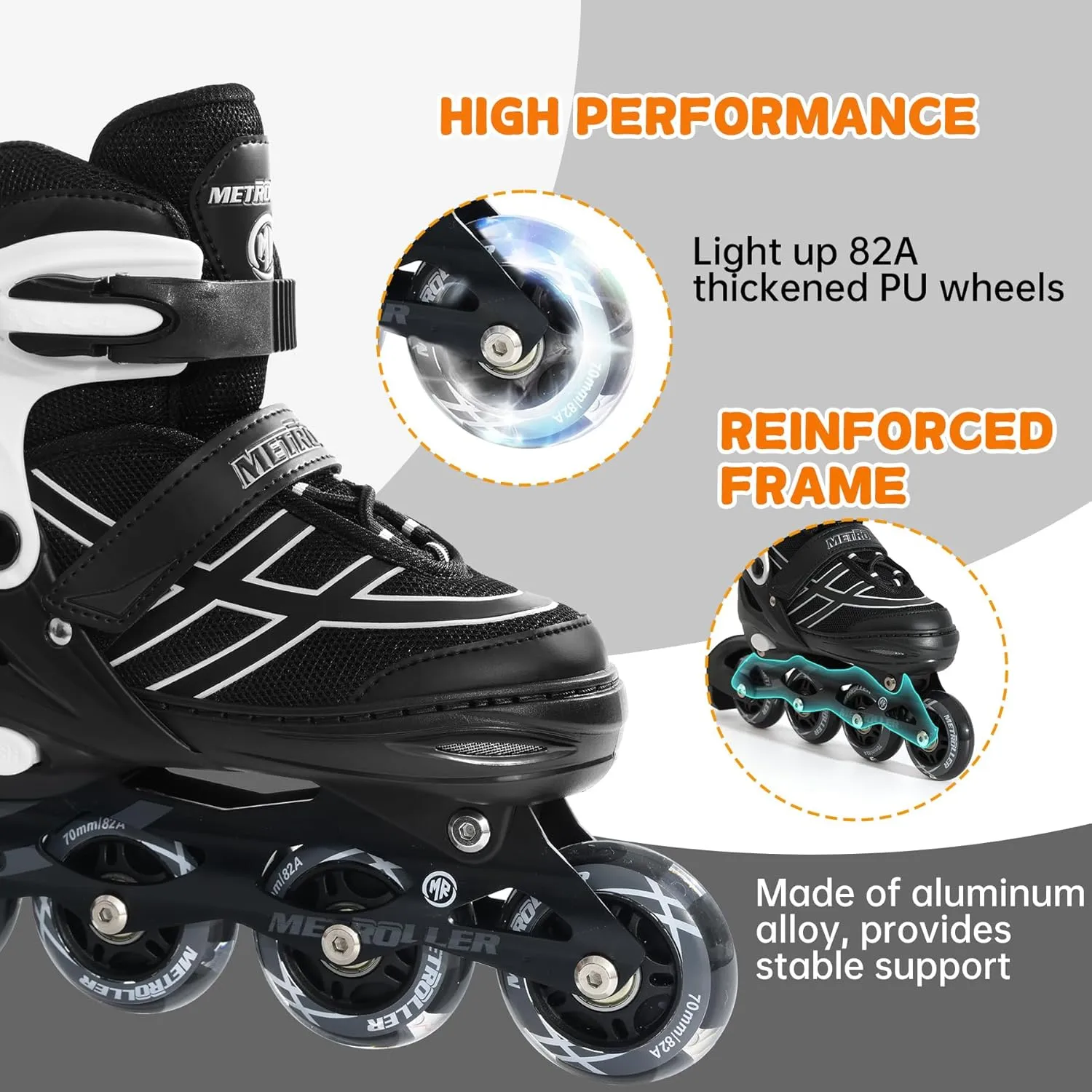 METROLLER Inline Skates for Girls Boys Ages 5-8 8-12 Adjustable Illuminating Wheels Inline Roller Skates for Youth Kids Outdoor Blades