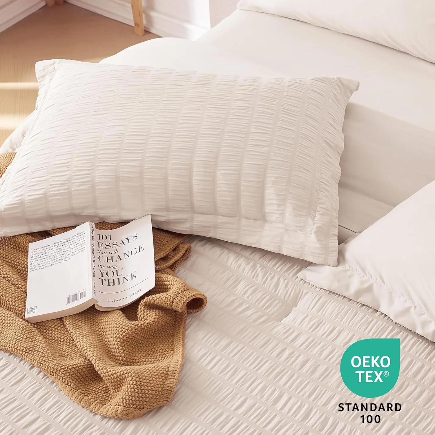 MUXHOMO 7 Pieces Queen Comforter Set, Seersucker Bed in a Bag Queen Size, All Season Luxury Bedding Set with Comforter, Flat Sheet, Fitted Sheet, Pillowcases & Shams, Beige