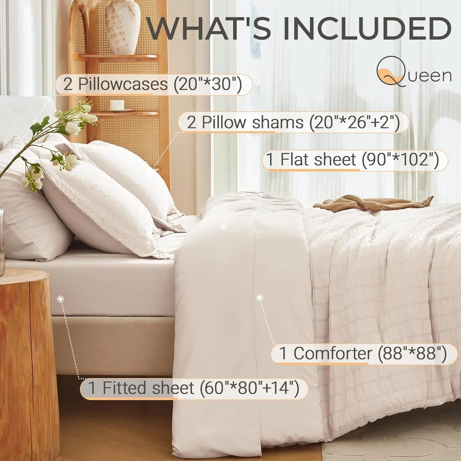 MUXHOMO 7 Pieces Queen Comforter Set, Seersucker Bed in a Bag Queen Size, All Season Luxury Bedding Set with Comforter, Flat Sheet, Fitted Sheet, Pillowcases & Shams, Beige