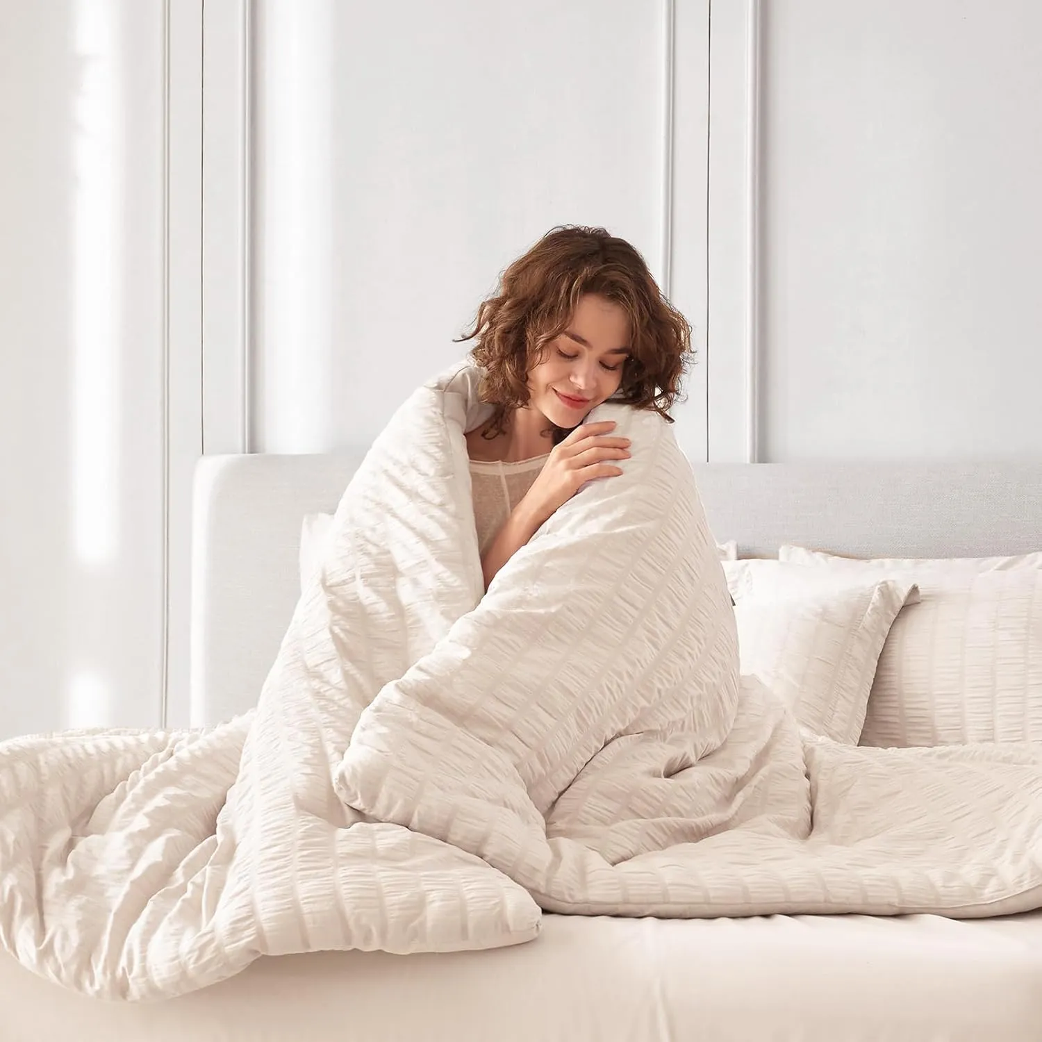 MUXHOMO 7 Pieces Queen Comforter Set, Seersucker Bed in a Bag Queen Size, All Season Luxury Bedding Set with Comforter, Flat Sheet, Fitted Sheet, Pillowcases & Shams, Beige