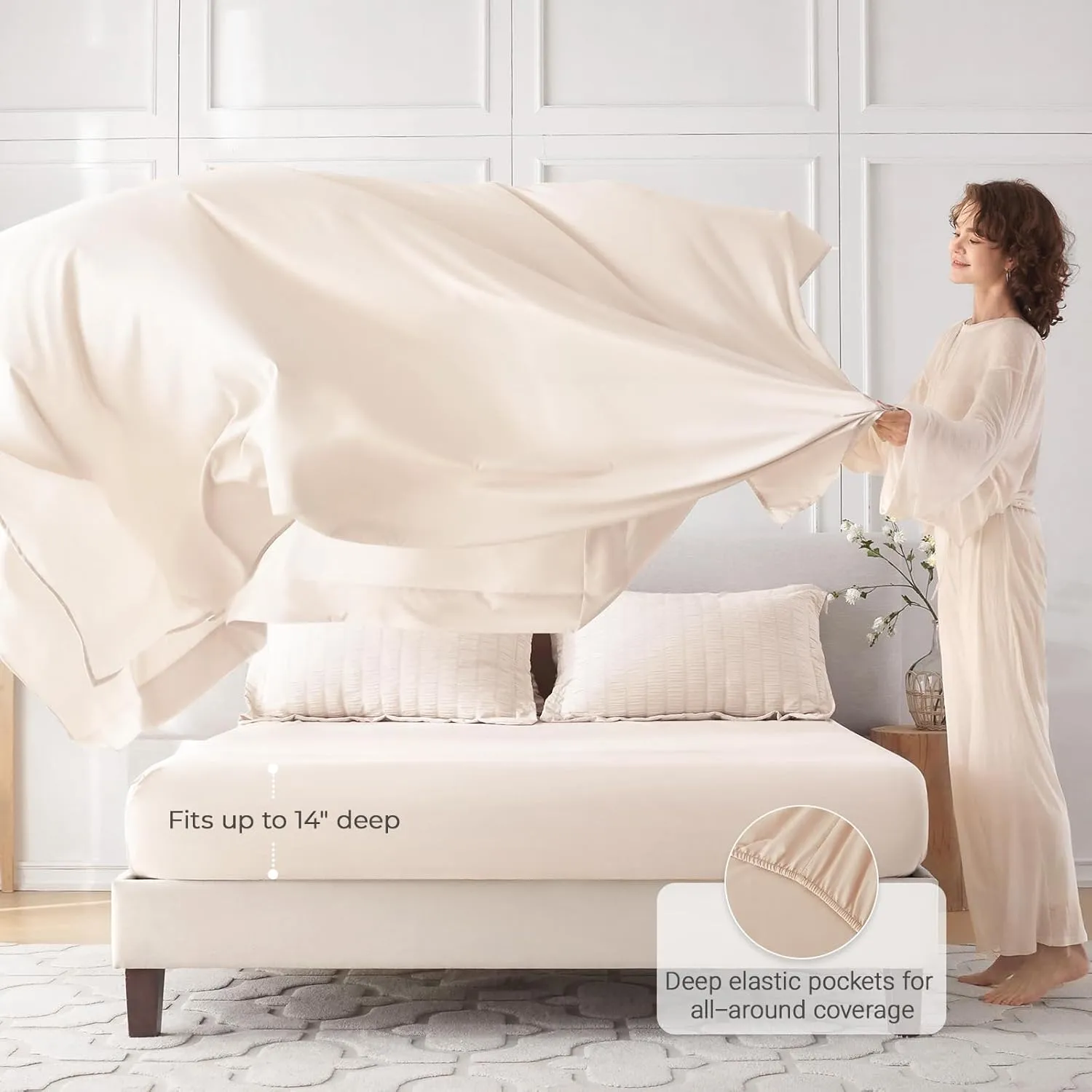 MUXHOMO 7 Pieces Queen Comforter Set, Seersucker Bed in a Bag Queen Size, All Season Luxury Bedding Set with Comforter, Flat Sheet, Fitted Sheet, Pillowcases & Shams, Beige