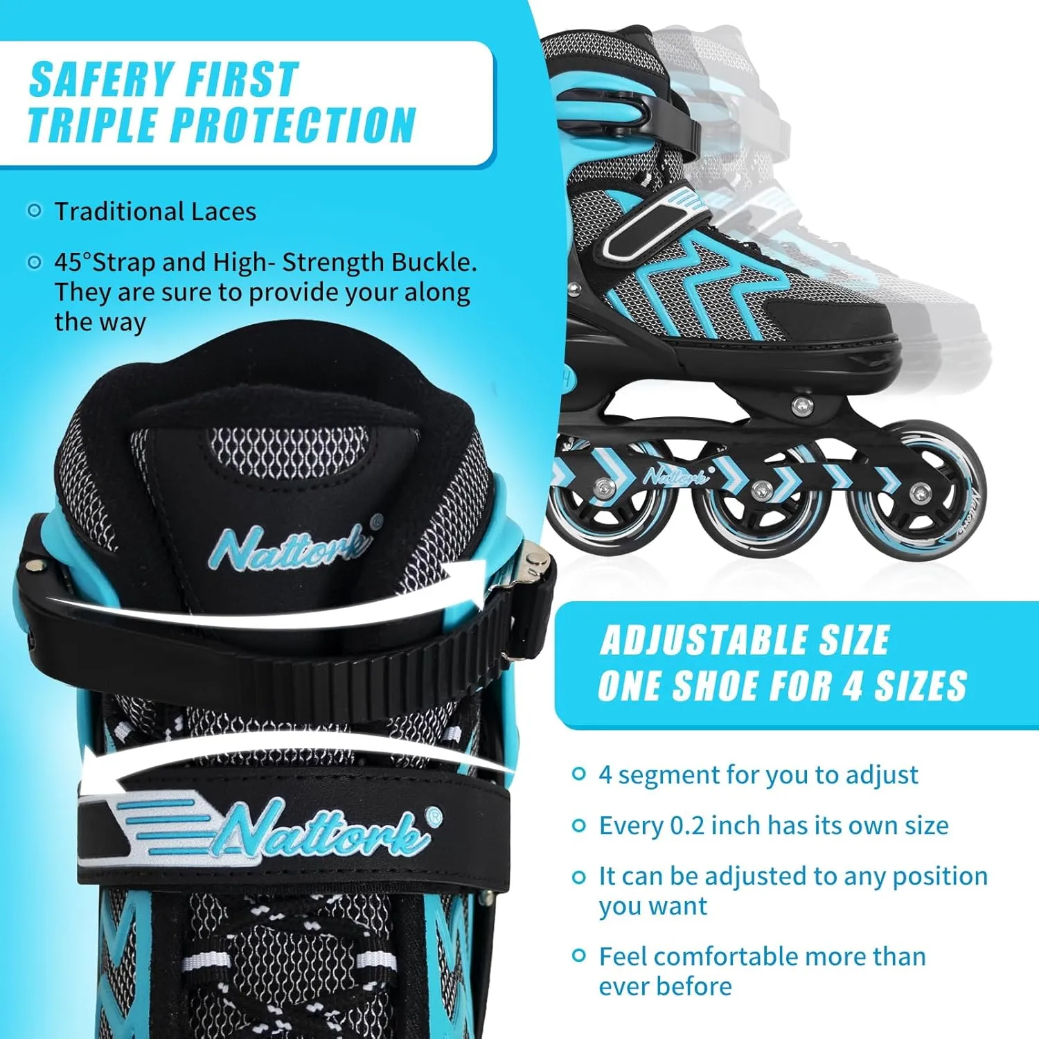 Nattork Adjustable Inline Skates for Adults and Teens, Outdoor & Indoor Blades Roller Skates for Boys, Beginners