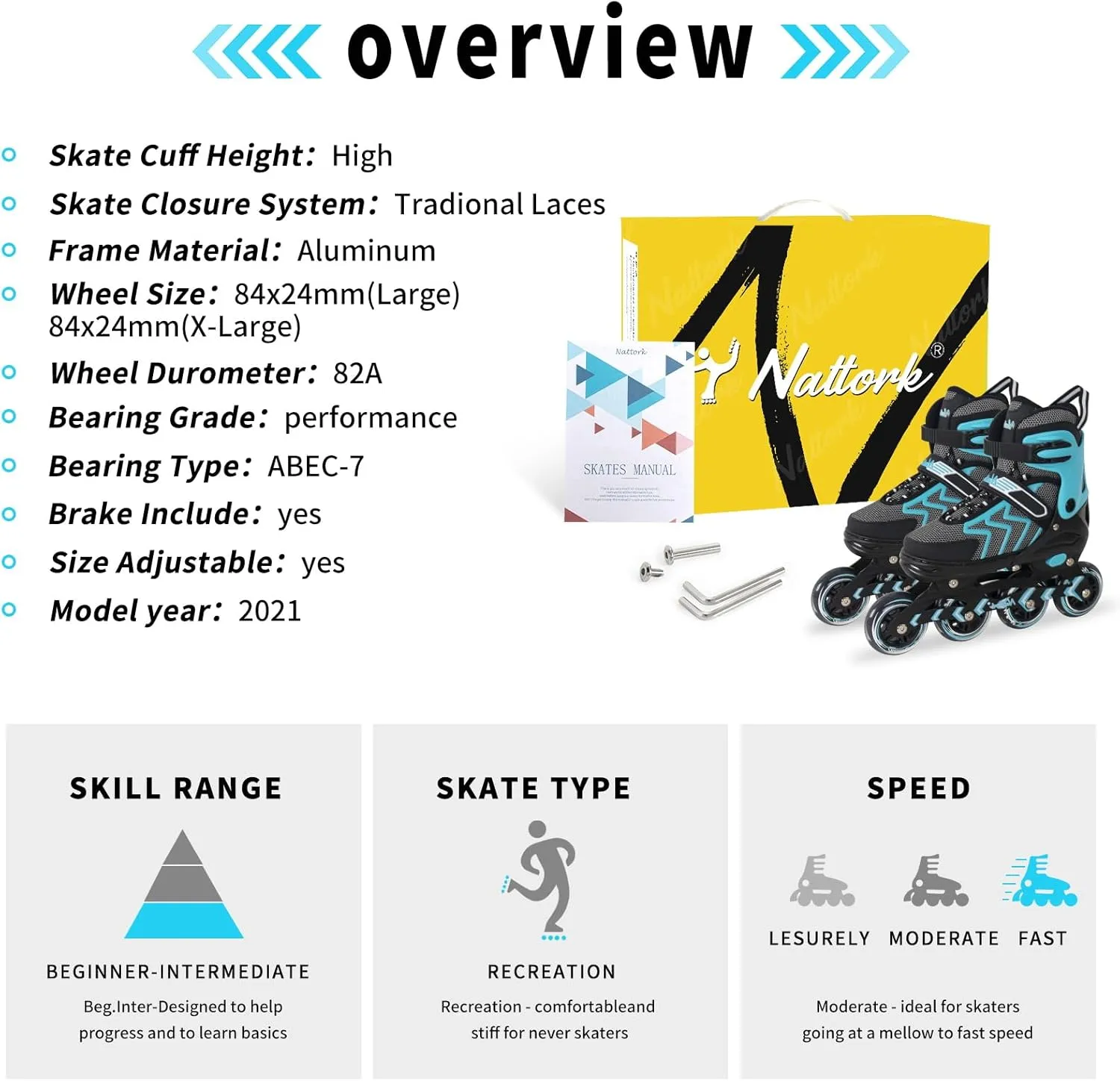 Nattork Adjustable Inline Skates for Adults and Teens, Outdoor & Indoor Blades Roller Skates for Boys, Beginners