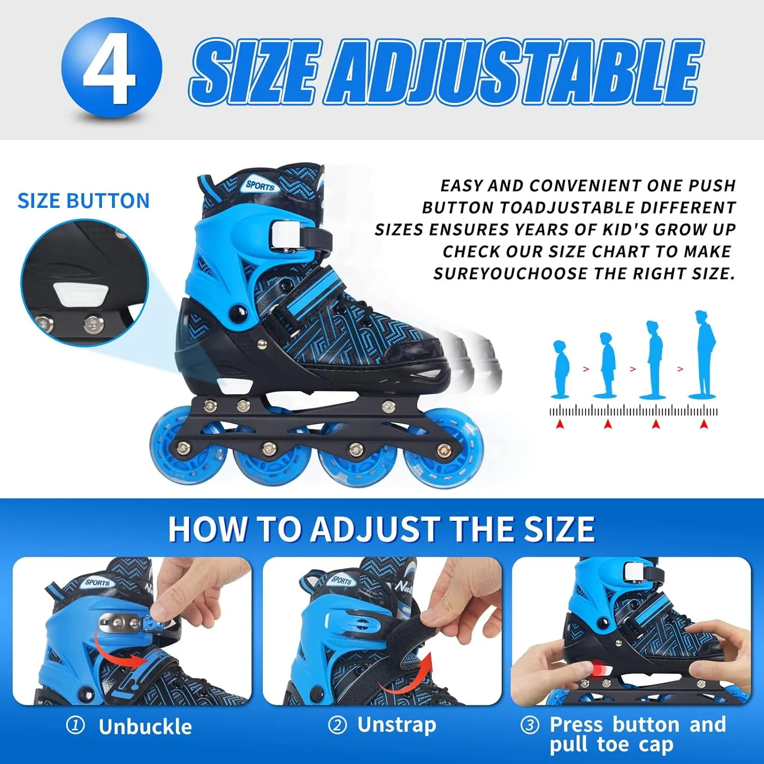 Nattork Adjustable Inline Skates for Kids Boys & Girls, Blue Black Red with Light up Wheels, Youth Blade Roller Skating for Beginners Ages 3-15