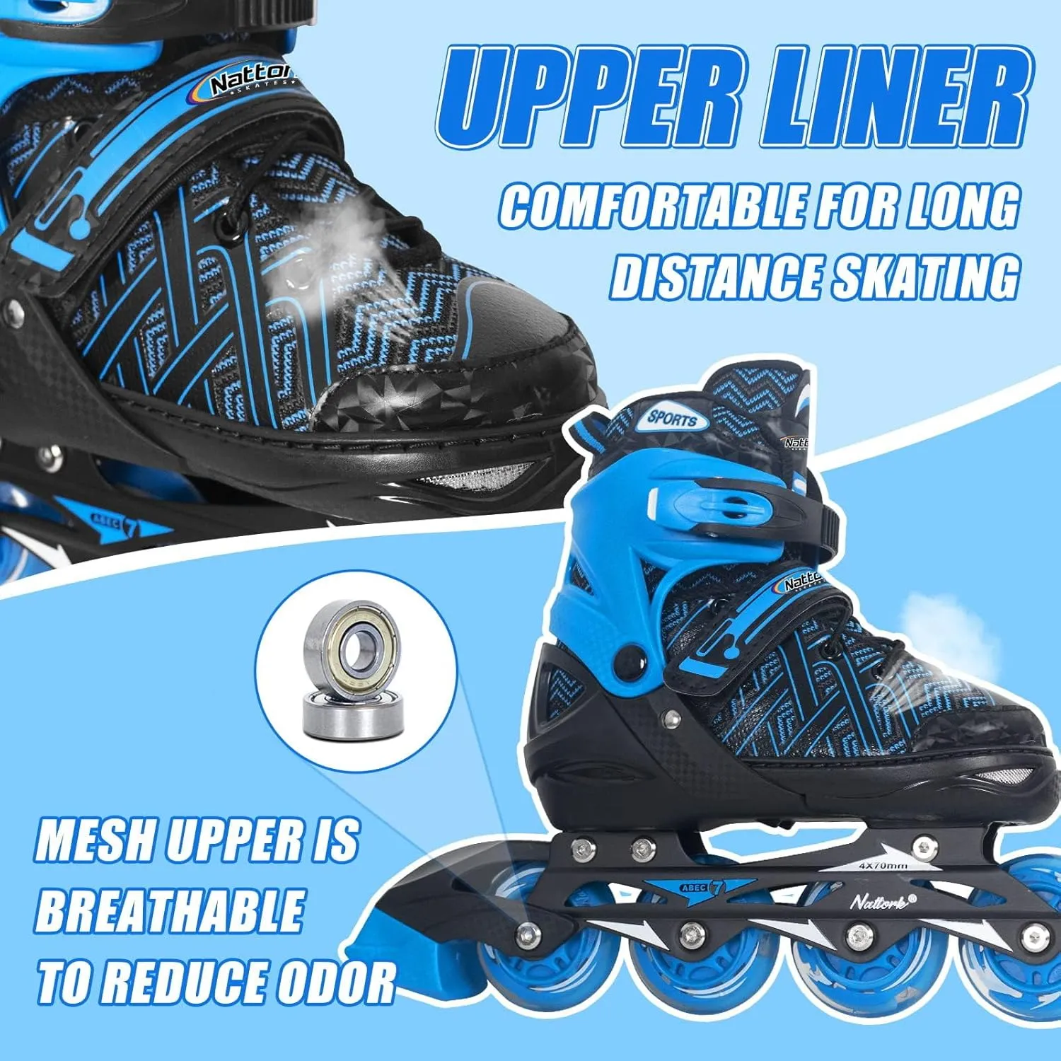 Nattork Adjustable Inline Skates for Kids Boys & Girls, Blue Black Red with Light up Wheels, Youth Blade Roller Skating for Beginners Ages 3-15