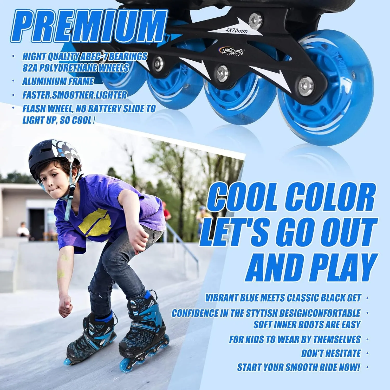 Nattork Adjustable Inline Skates for Kids Boys & Girls, Blue Black Red with Light up Wheels, Youth Blade Roller Skating for Beginners Ages 3-15