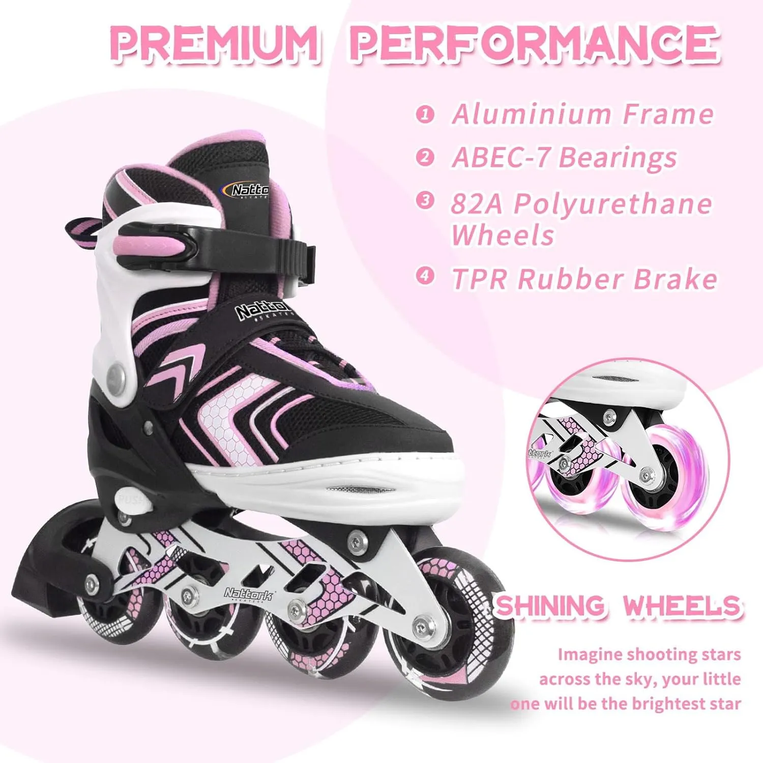 Nattork Inline Skates for Girls and Boys with Full Light up Wheels, Adjustable Beginner Roller Skates for Kids Youth Purple Pink Blue Black