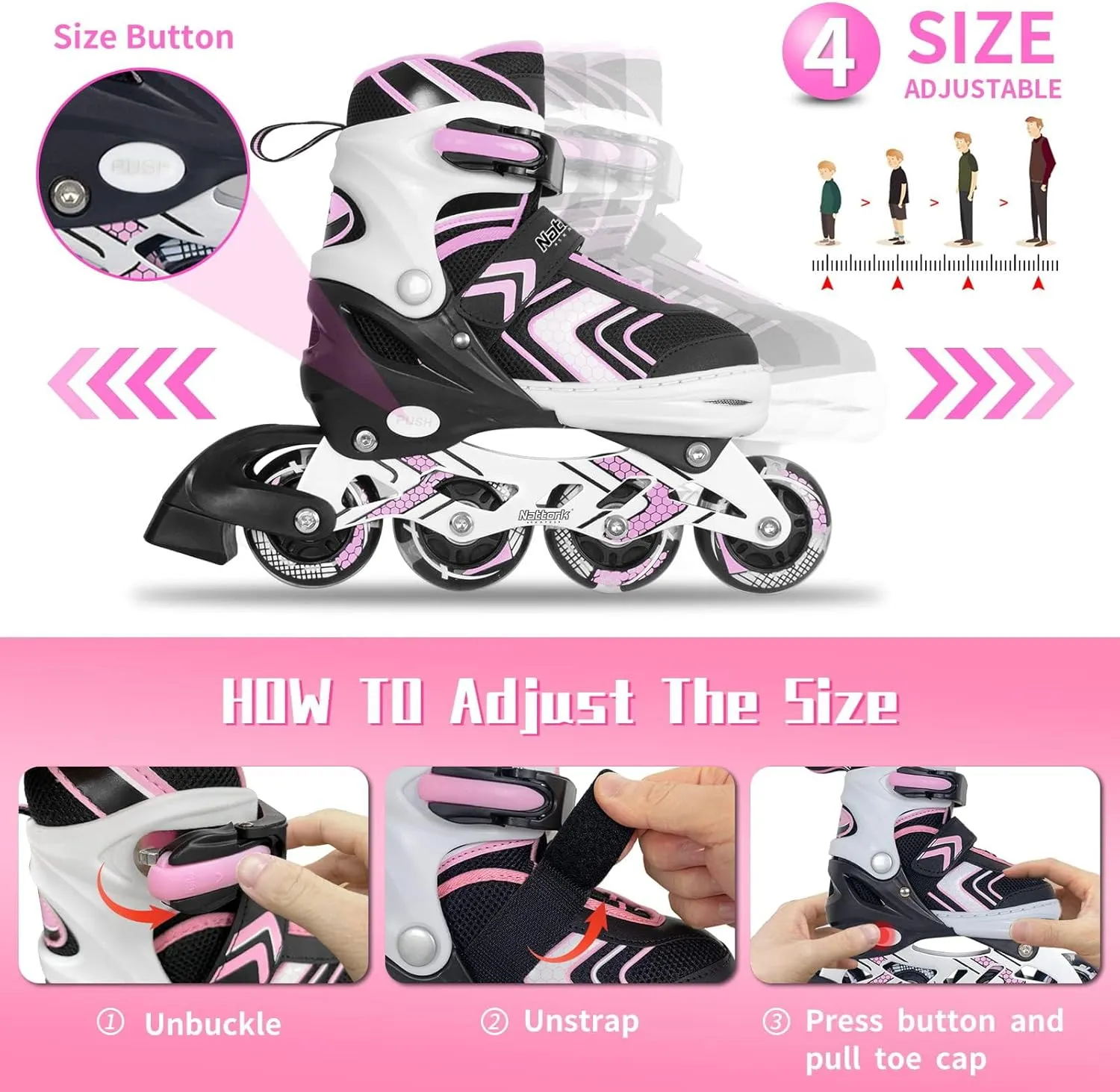 Nattork Inline Skates for Girls and Boys with Full Light up Wheels, Adjustable Beginner Roller Skates for Kids Youth Purple Pink Blue Black