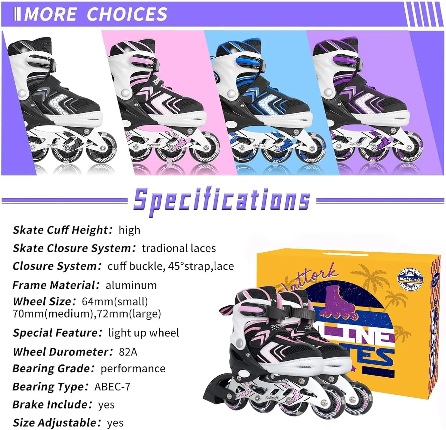 Nattork Inline Skates for Girls and Boys with Full Light up Wheels, Adjustable Beginner Roller Skates for Kids Youth Purple Pink Blue Black