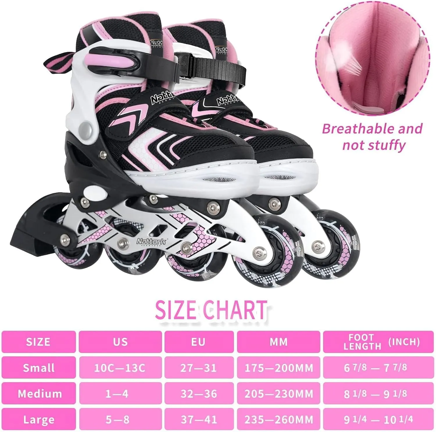 Nattork Inline Skates for Girls and Boys with Full Light up Wheels, Adjustable Beginner Roller Skates for Kids Youth Purple Pink Blue Black