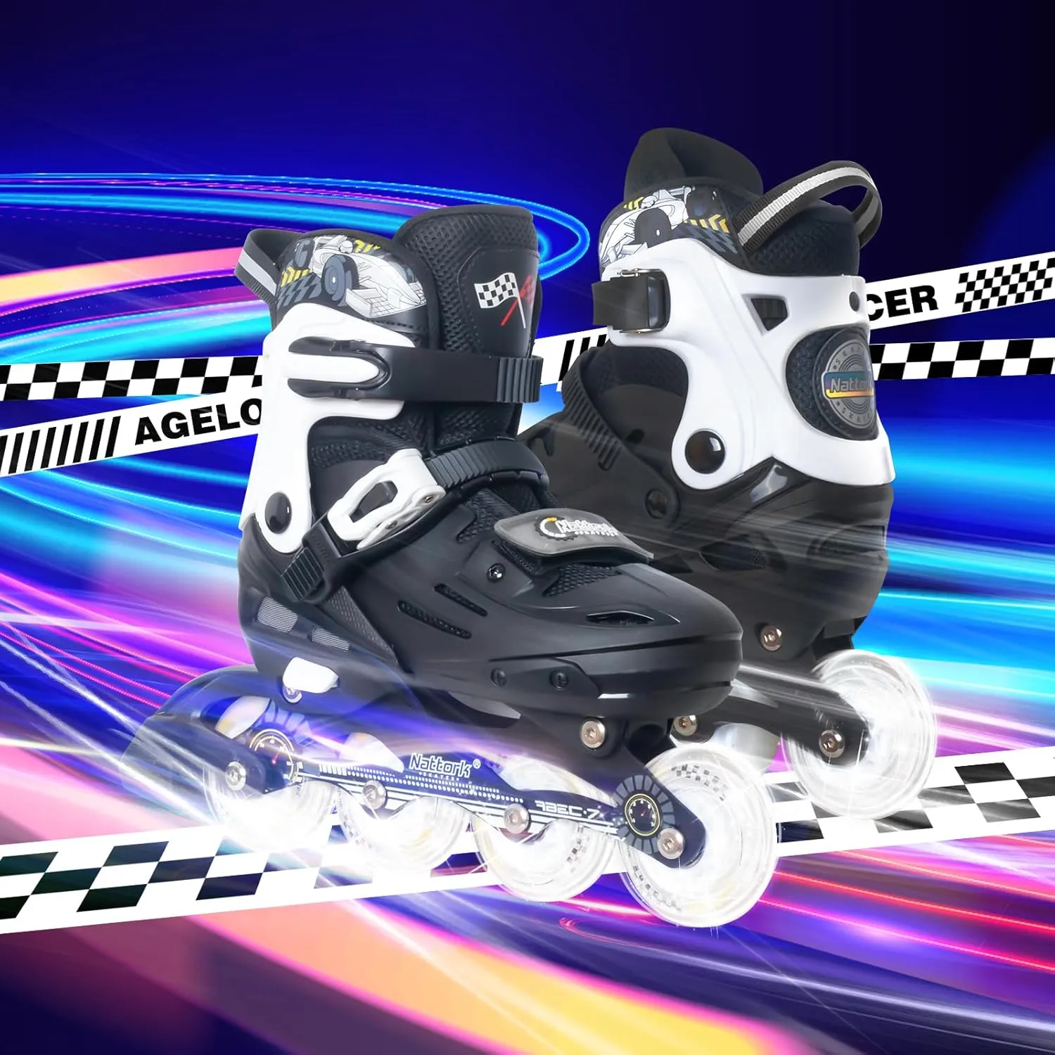 Nattork Kids Inline Skates Adjustable Light up Wheels Blades Roller for Boys Girls- TeenYouth Age 6-12 - Cool Racing Car Decorations Indoor Outdoor Birthday Gift for Son and Grandson
