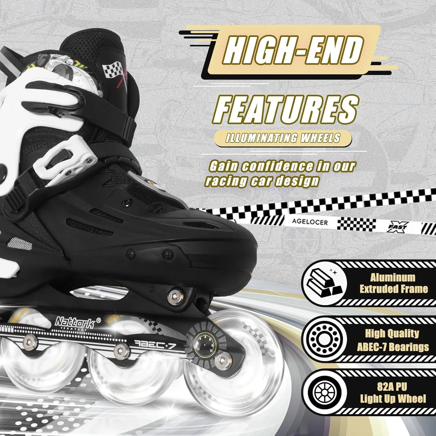 Nattork Kids Inline Skates Adjustable Light up Wheels Blades Roller for Boys Girls- TeenYouth Age 6-12 - Cool Racing Car Decorations Indoor Outdoor Birthday Gift for Son and Grandson