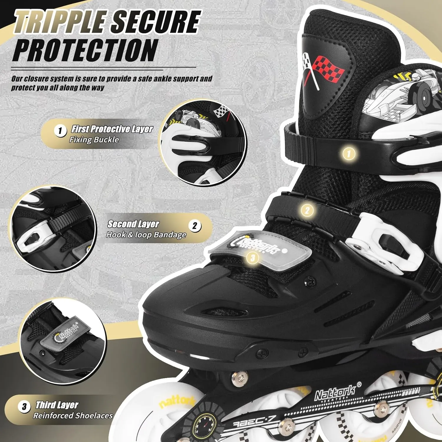 Nattork Kids Inline Skates Adjustable Light up Wheels Blades Roller for Boys Girls- TeenYouth Age 6-12 - Cool Racing Car Decorations Indoor Outdoor Birthday Gift for Son and Grandson