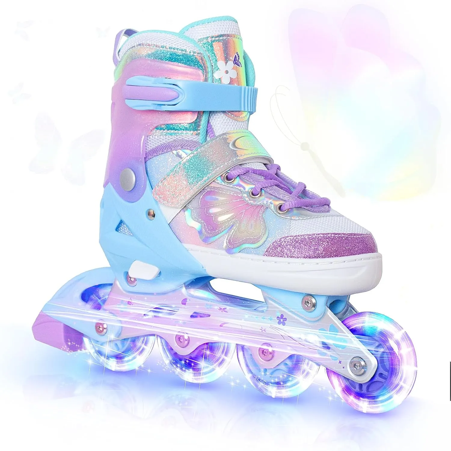 Nattork Kids Inline Skates Butterfly and Flower for Boys Girls Kids, 4 Sizes Adjustable Quad Skates with All Light up Wheels - Birthday Gift for Indoor Outdoor Sports
