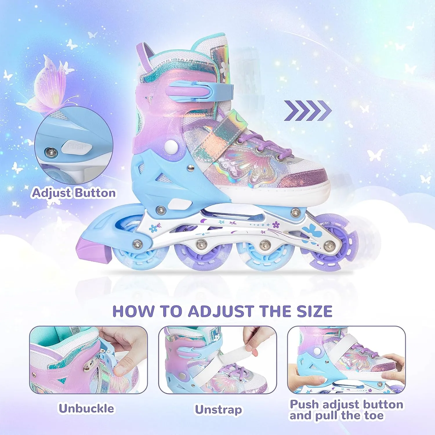 Nattork Kids Inline Skates Butterfly and Flower for Boys Girls Kids, 4 Sizes Adjustable Quad Skates with All Light up Wheels - Birthday Gift for Indoor Outdoor Sports
