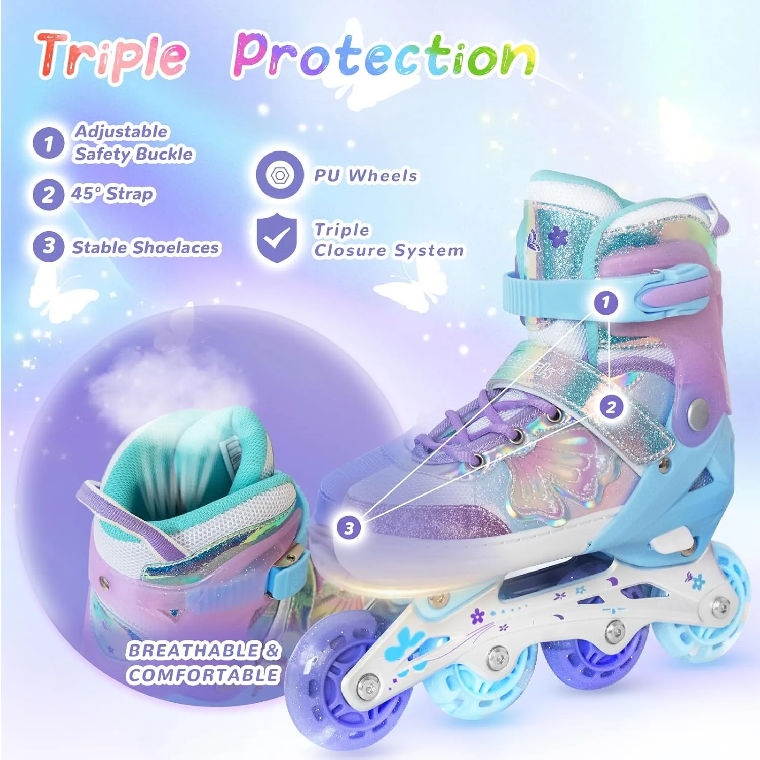 Nattork Kids Inline Skates Butterfly and Flower for Boys Girls Kids, 4 Sizes Adjustable Quad Skates with All Light up Wheels - Birthday Gift for Indoor Outdoor Sports