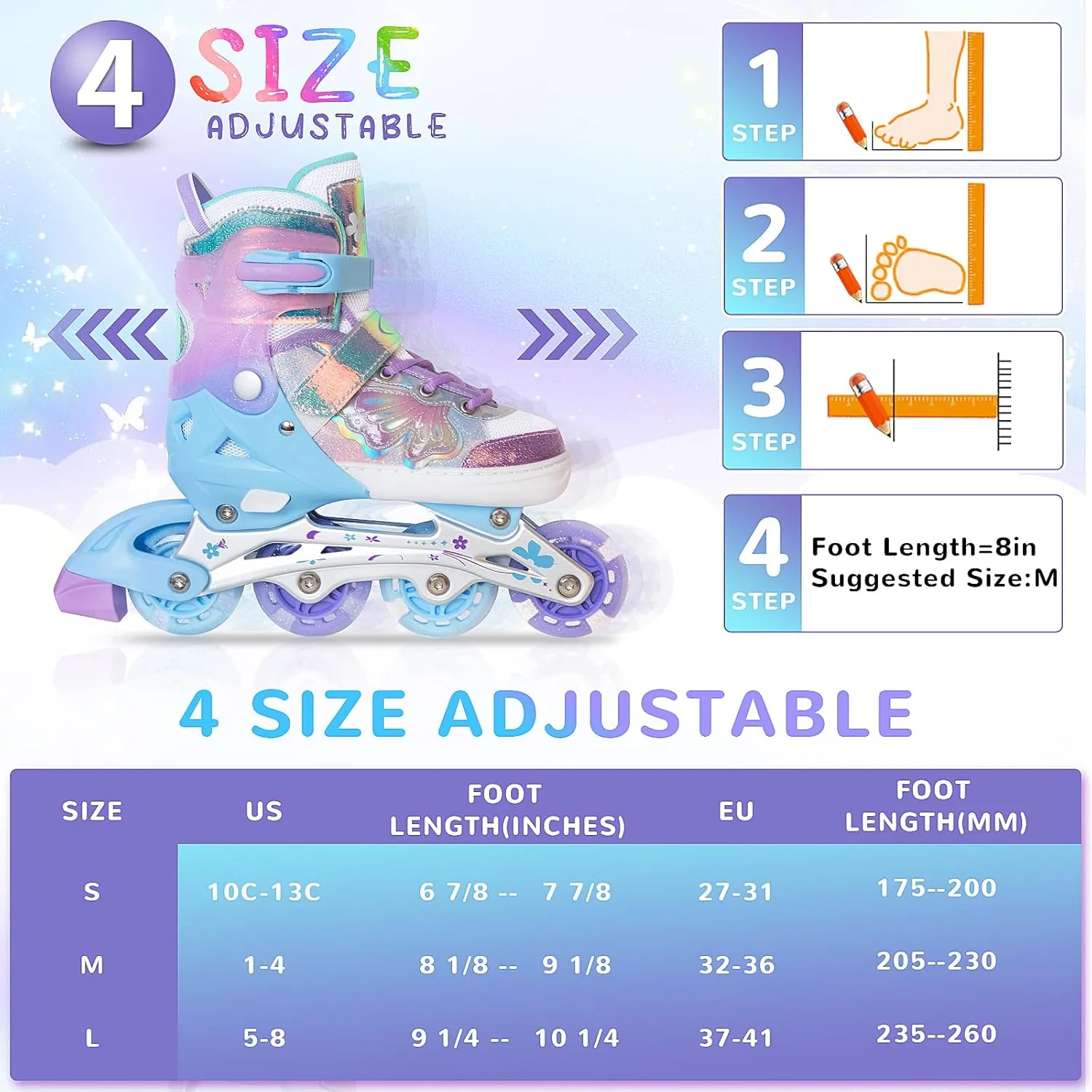 Nattork Kids Inline Skates Butterfly and Flower for Boys Girls Kids, 4 Sizes Adjustable Quad Skates with All Light up Wheels - Birthday Gift for Indoor Outdoor Sports