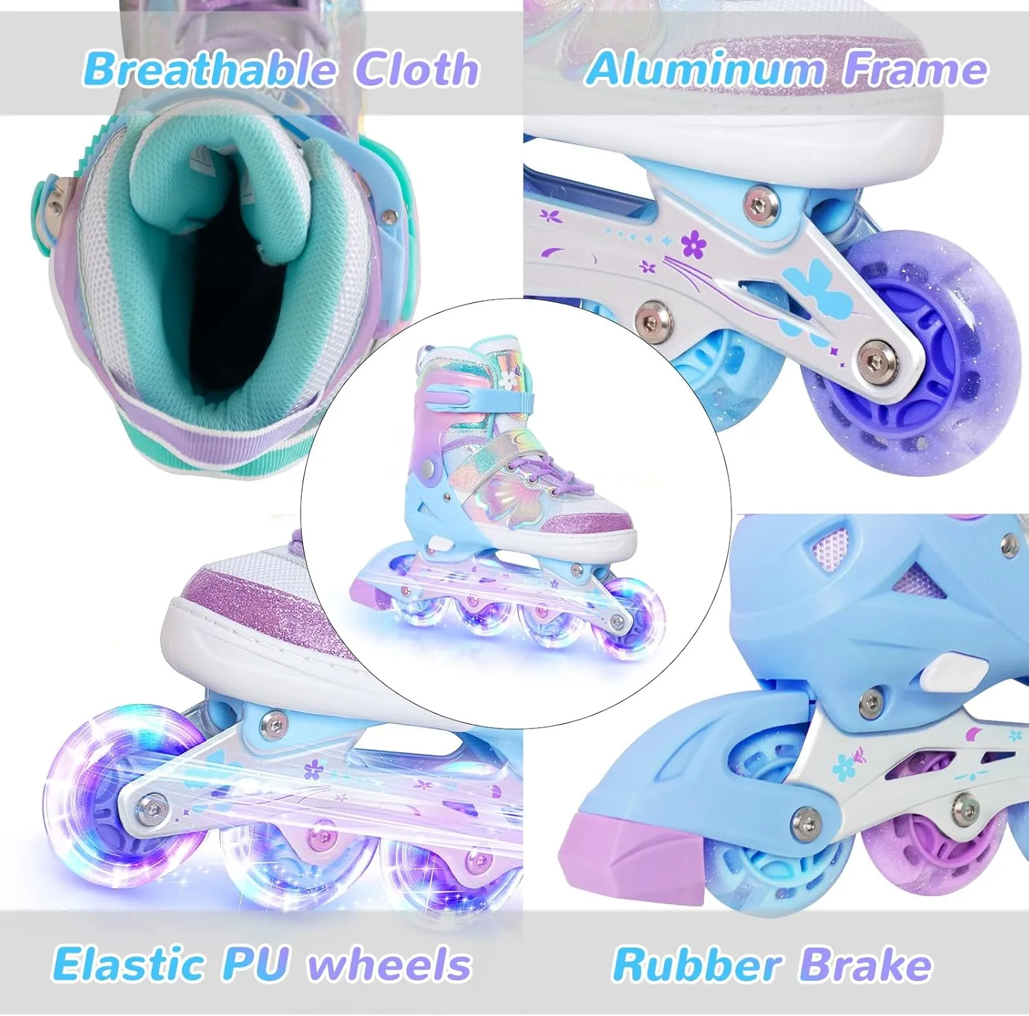 Nattork Kids Inline Skates Butterfly and Flower for Boys Girls Kids, 4 Sizes Adjustable Quad Skates with All Light up Wheels - Birthday Gift for Indoor Outdoor Sports