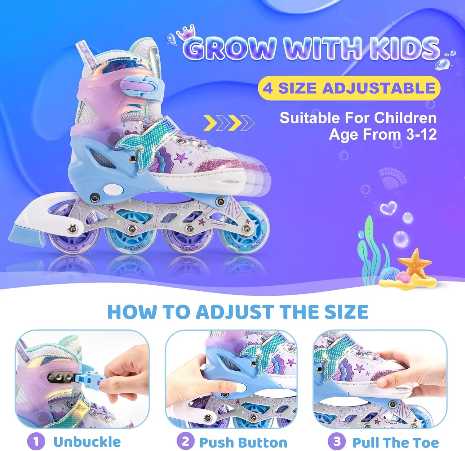 NEMONE Mermaid Inline Skates, 4 Sizes Adjustable Skates for Girls Kids with Light up Wheels, Indoor Beginner Outdoor for Kids Ages 4-6 5-8 6-12 8-12