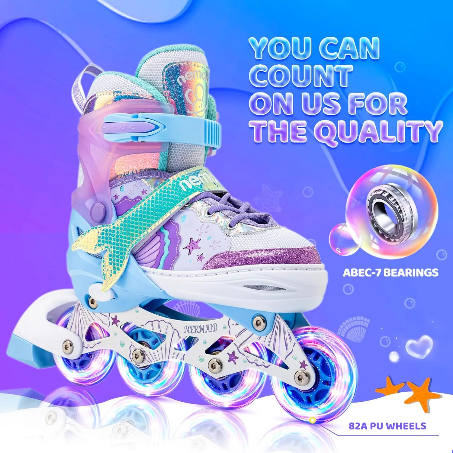 NEMONE Mermaid Inline Skates, 4 Sizes Adjustable Skates for Girls Kids with Light up Wheels, Indoor Beginner Outdoor for Kids Ages 4-6 5-8 6-12 8-12