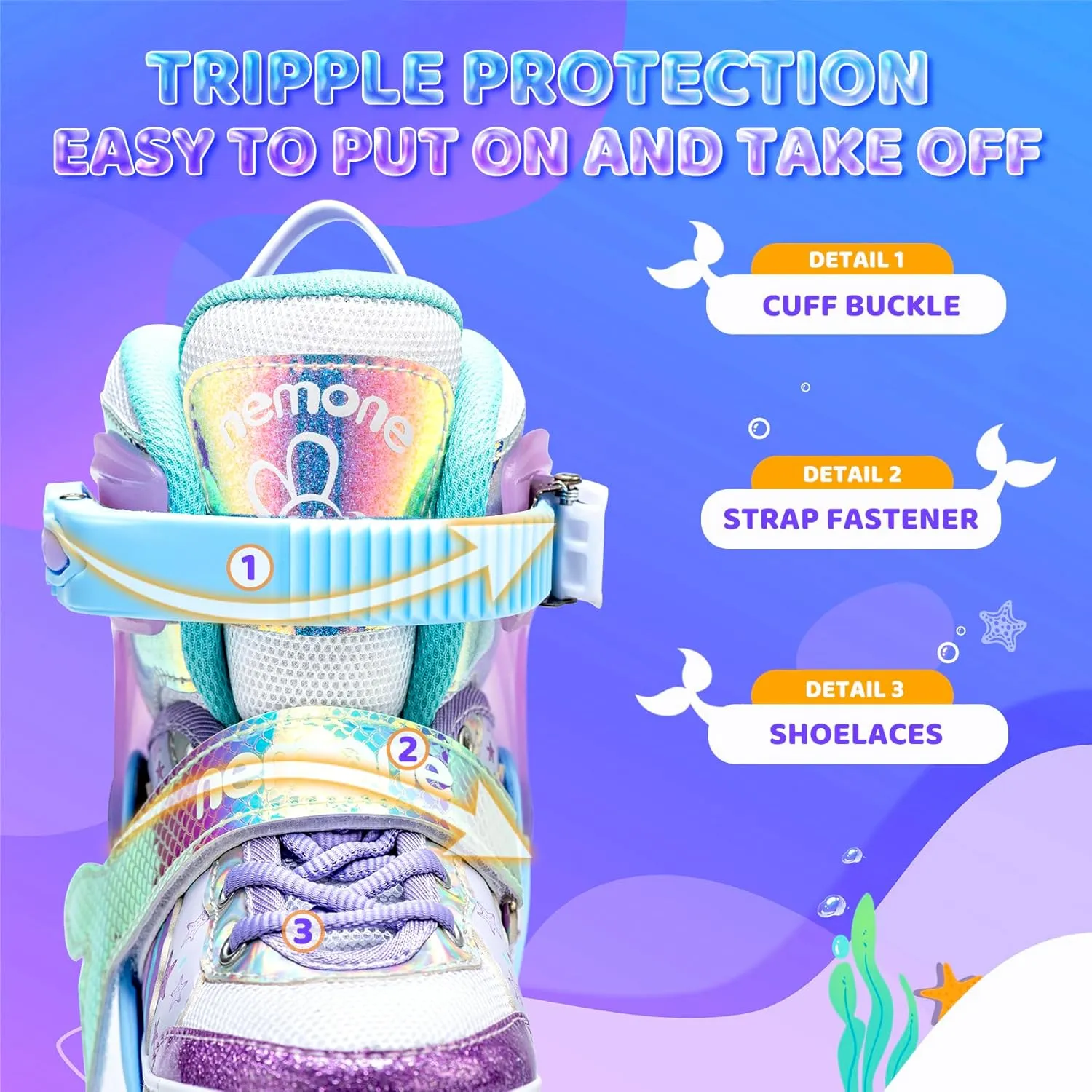 NEMONE Mermaid Inline Skates, 4 Sizes Adjustable Skates for Girls Kids with Light up Wheels, Indoor Beginner Outdoor for Kids Ages 4-6 5-8 6-12 8-12