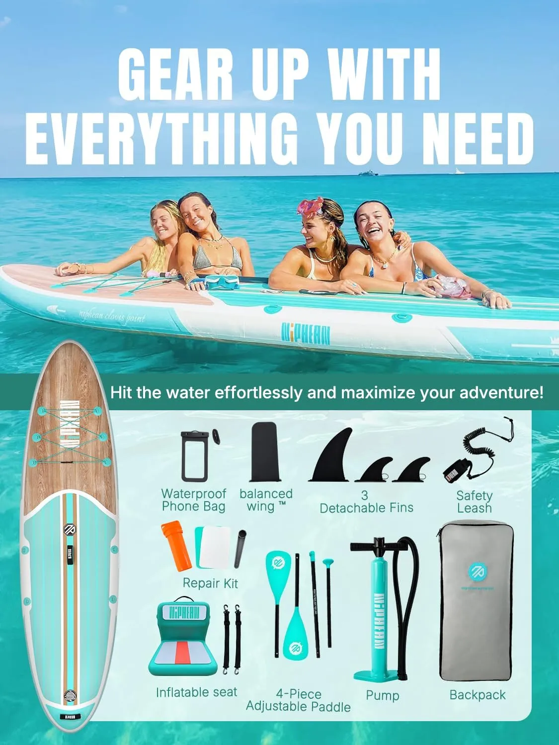 Niphean Inflatable Stand Up Paddle Board with SUP Accessories, Anti-Slip EVA Deck, 106 Inflatable Paddle Boards for Adults & Youth of All Skill Levels