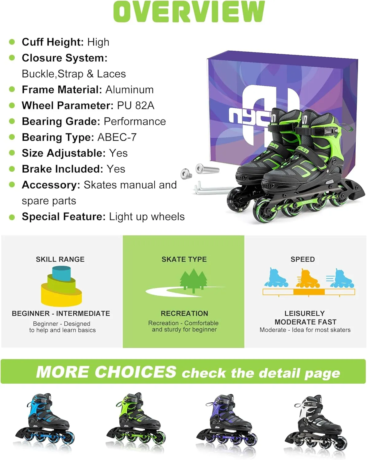 NYCTUS Inline Skates for Kids and Adults, Adjustable Inline Skates for Girls and Boys, Roller Skates for Women and Men with Full Light up Wheels