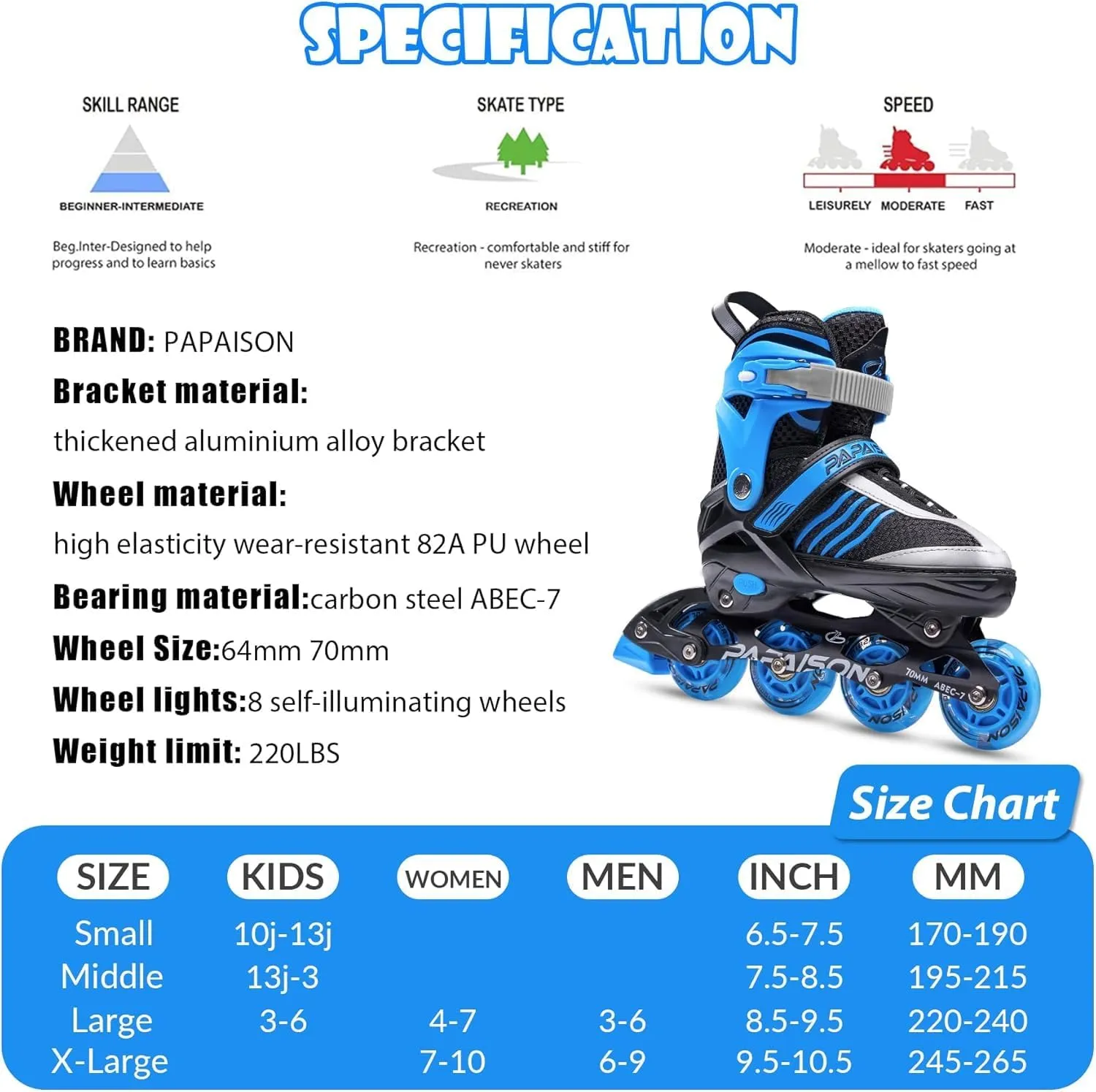 PAPAISON Adjustable Inline Skates Boys Ages 4-12, Roller Skates for Girls Kids with Full Light Up Wheels, Outdoor Skates Illuminating Skates for Children Teens Women