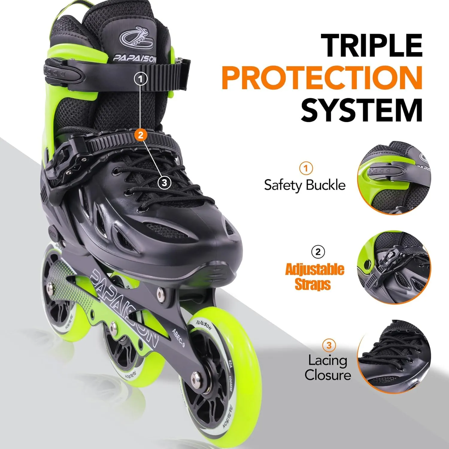 PAPAISON Adult Adjustable Inline Skates for Men Women with 3 100mm Wheels, Outdoor Blades Female Male Fitness Speed Racing Skates, Roller Skates for Teens Boys Girls