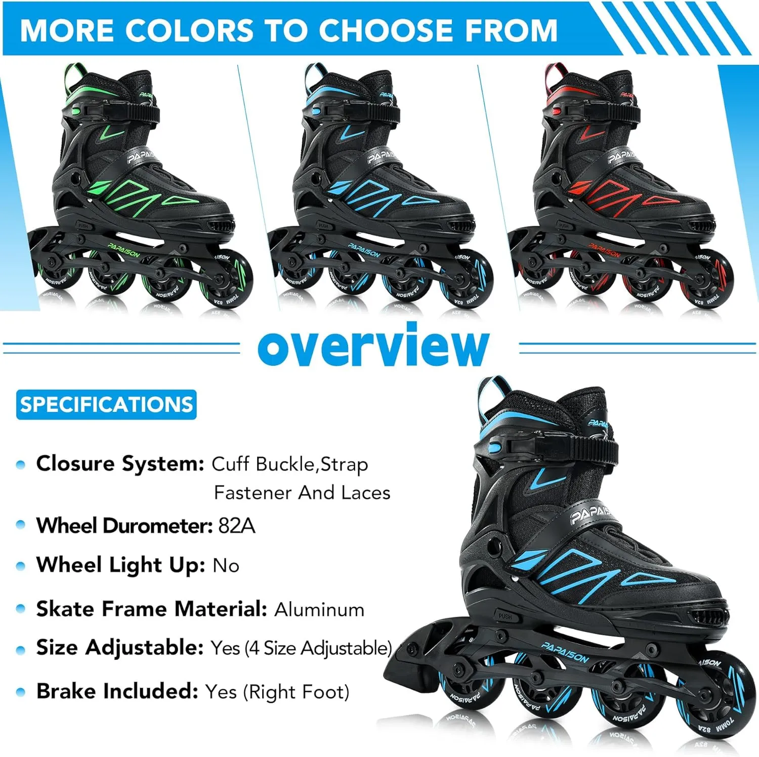 PAPAISON Boys Inline Skates Ages 5-8 8-12, Adjustable Size Beginner Roller Skates Blades for Kids Youth
