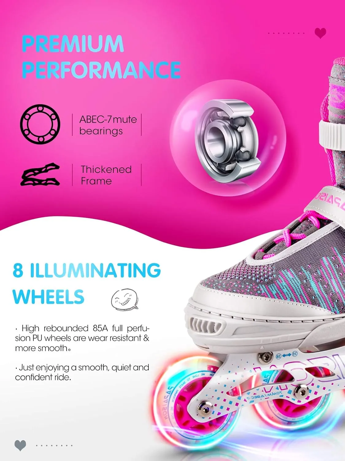 PAPAISON Inline Skates for Boys and Girls with Full Light up Wheels, Beginner Adjustable Illuminating Roller Skates for Kids Youth Women and Men
