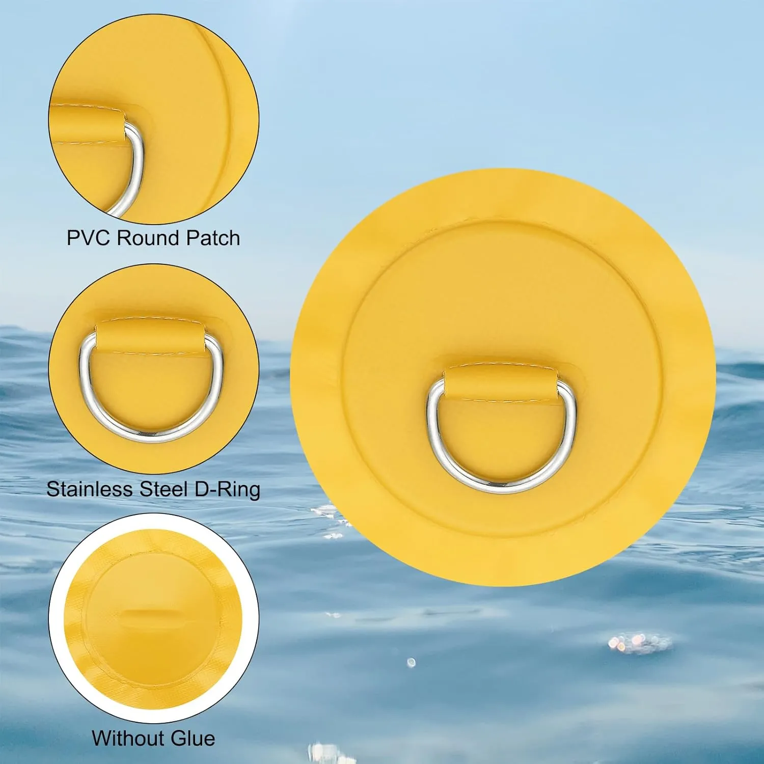 PATIKIL 4.3" Paddle Board D Rings, 6 Pcs Stainless Steel D-Ring PVC Patch Pad No Glue Include for Raft Kayak Inflatable Boat Surfboard, Yellow