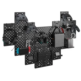 PEGZONE Controller and Headphone Holder Wall Mount, Modular Gaming Pegboard with Accessories, Controller Stand for Xbox PS5 PS4 Switch, Video Game Storage, Disc Shelf Organizer, 14pcs Pegboard, Black