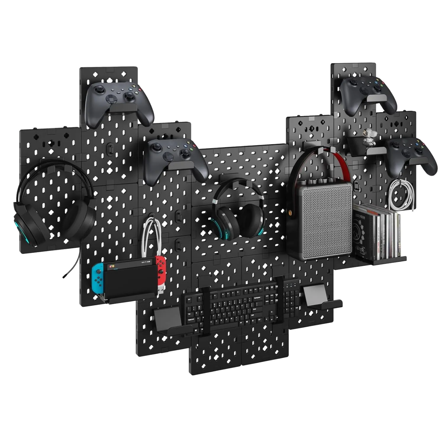 PEGZONE Controller and Headphone Holder Wall Mount, Modular Gaming Pegboard with Accessories, Controller Stand for Xbox PS5 PS4 Switch, Video Game Storage, Disc Shelf Organizer, 14pcs Pegboard, Black